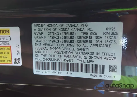 2025 Honda Cr-V Ex Awd из США, поврежденный, VIN 2HKRS4H48SH459475